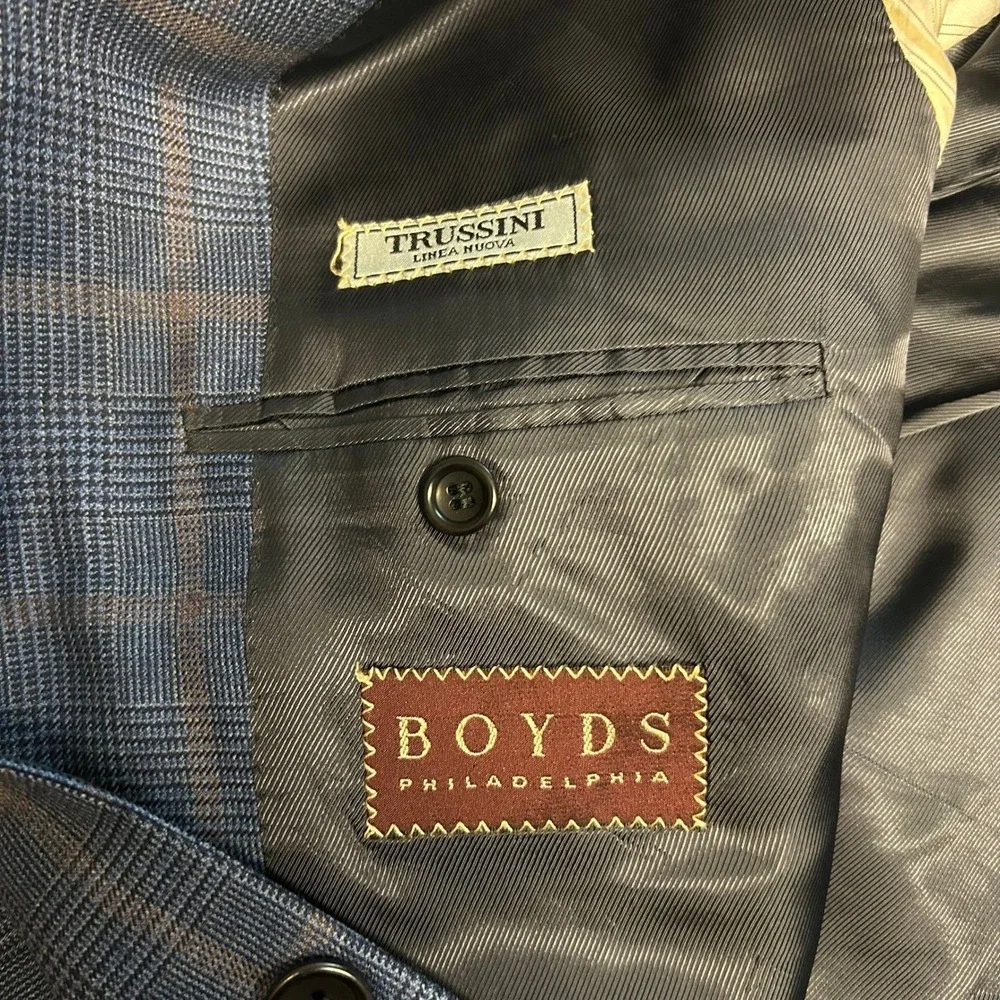 Trussini Boyds Philadelphia Mens 42R Blue Glen Plaid 100% Wool Blazer Italy